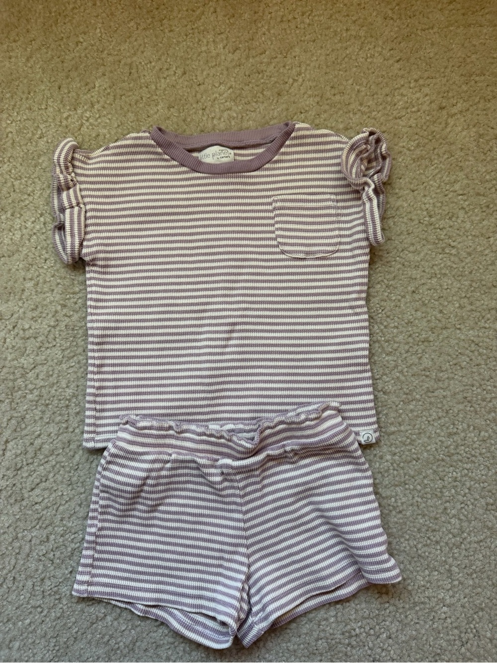 Little Planet organic girls purple and white striped shorts matching set 4T